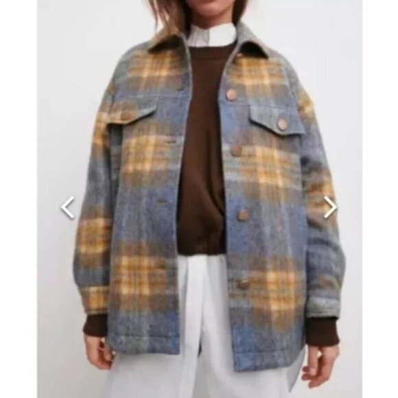 Zara Mix Blue Brown Plaid Shacket Button Long Sleeve Women’s Small Pockets - Picture 11 of 12